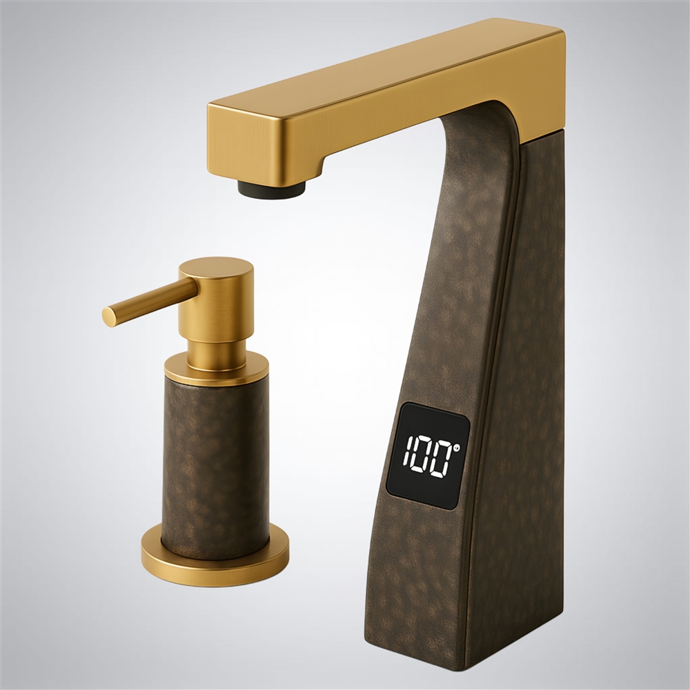 Commercial touchless faucet with matching manual soap dispenser in antique silver vein finish — deck-mount set (FS10590ASV)