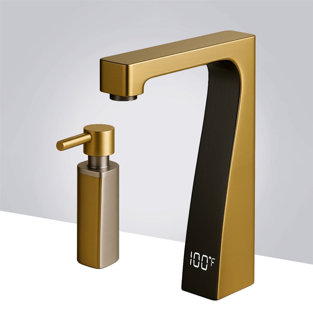 Commercial touchless faucet with matching manual soap dispenser in brushed gold and nickel dual-tone finish — deck-mount set (FS10591BGN)