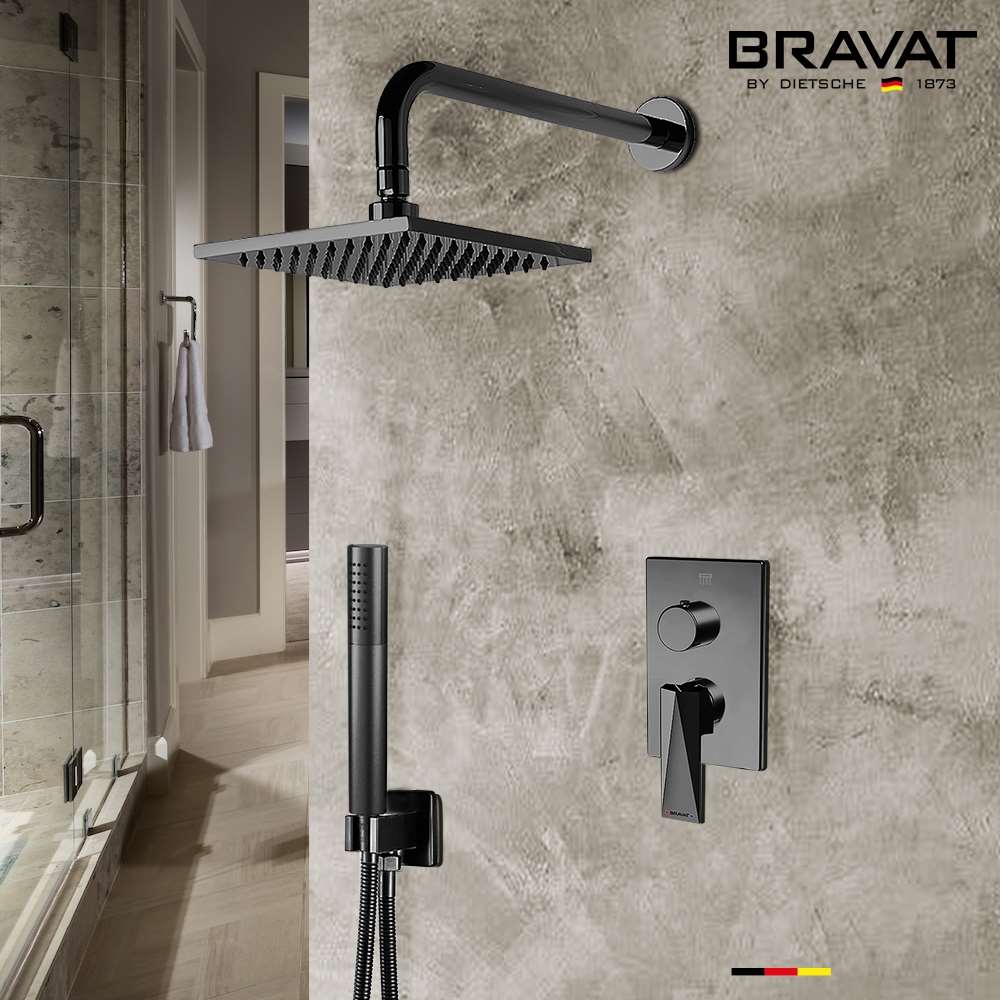 Bravat Wall Mounted Square Shower Set With Valve Mixer 2-Way Concealed (Matte Black) actual product image