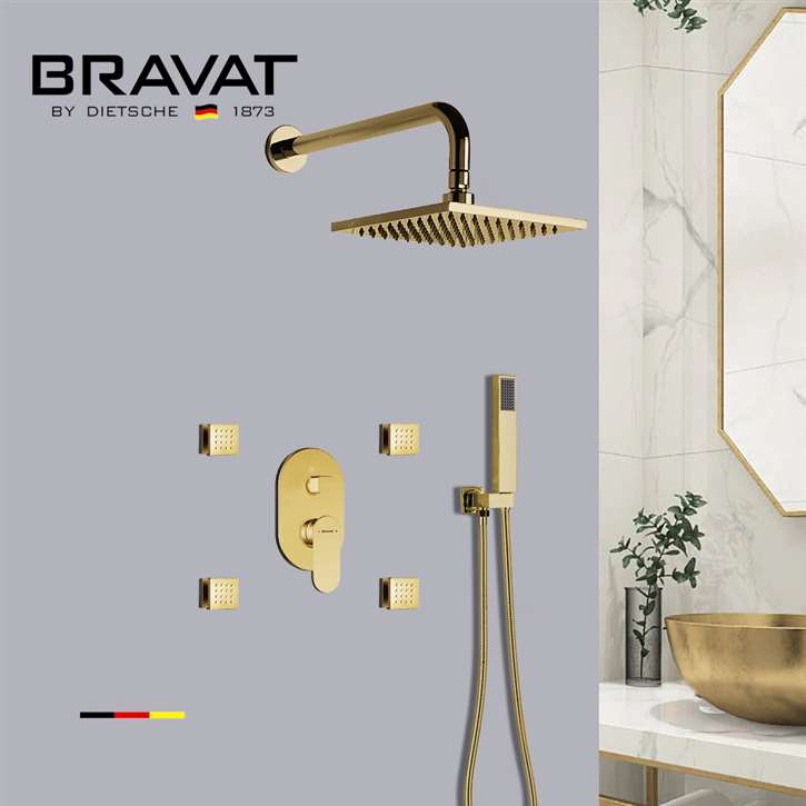 Bravat Brushed Gold Wall Mounted Square Shower Set with 3-Way Concealed Valve Mixer