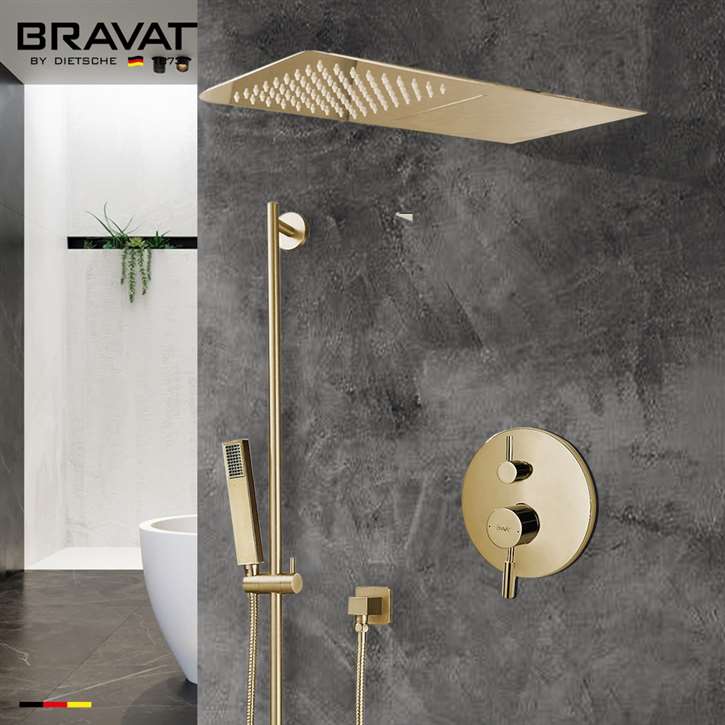 Brushed Gold Waterfall & Rainfall Shower Set With Handheld Shower Set in Brushed Gold Finish with ceramic valve core