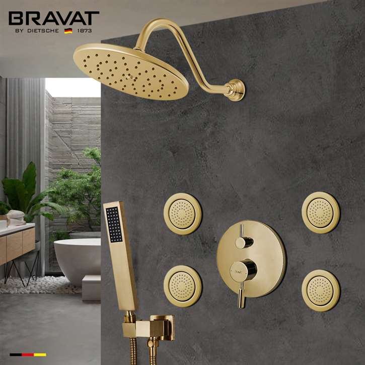 Bravat Shower Set With Valve Mixer 3-Way Concealed Wall Mounted In Brushed Gold