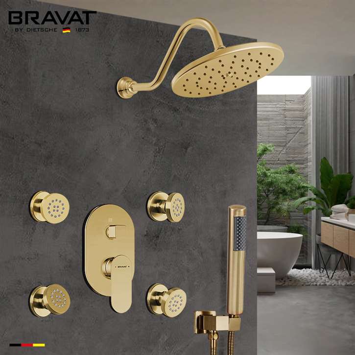 Bravat Brushed Gold Wall Mounted Shower Set with Thermostatic Valve Mixer, 3-Way Concealed, Contemporary Bathroom Design