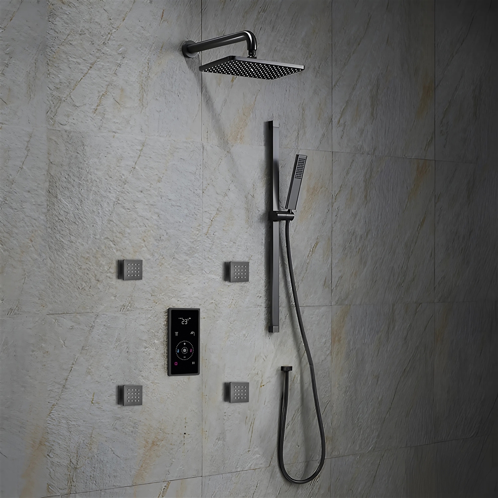 Fontana Matte Black Square Automatic Thermostatic Shower With Black Digital Touch Screen Shower Mixer Display 3 Function Rainfall Shower Set With Handheld Shower