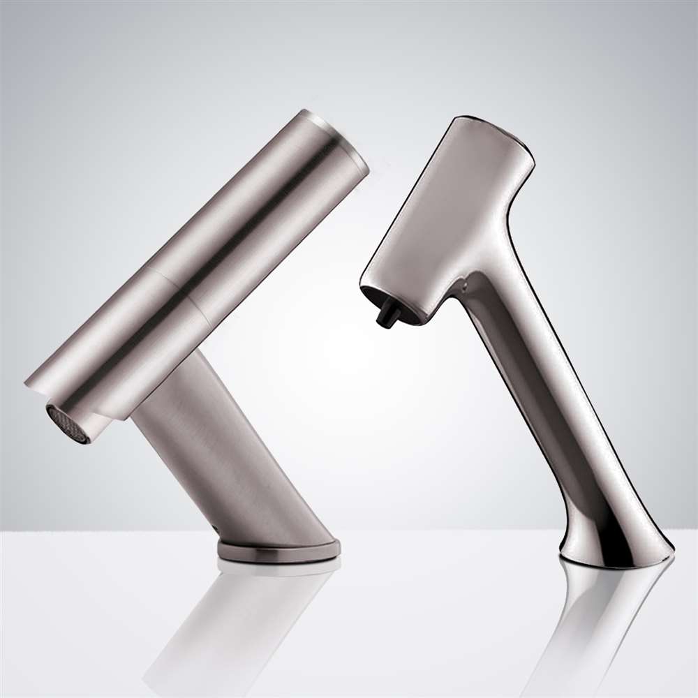 Fontana Contemporary Automatic Commercial Brushed Nickel Sensor Faucet and Matching Soap Dispenser
