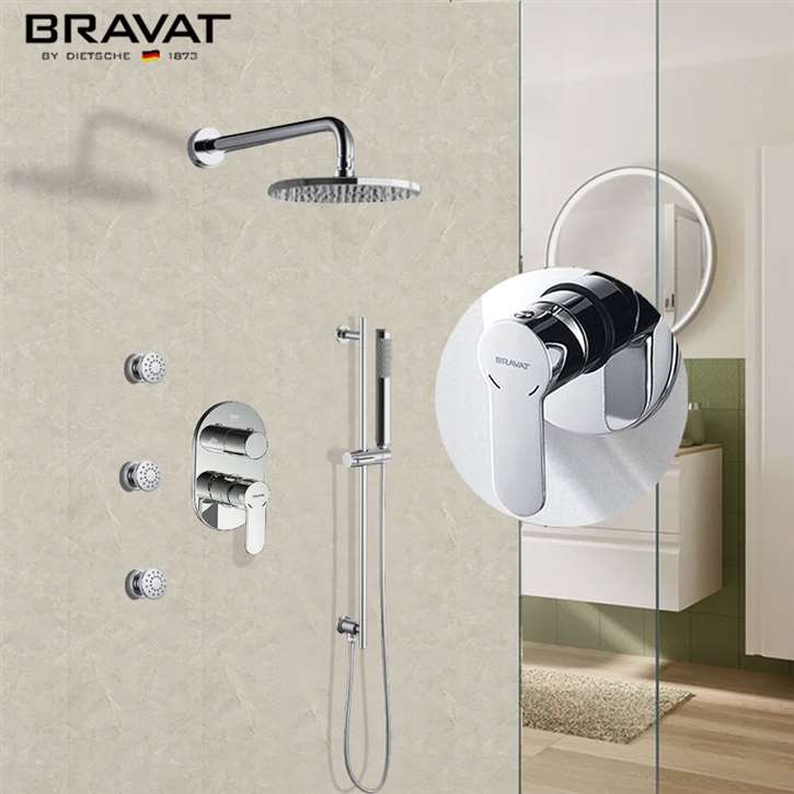 Bravat Chrome Thermostatic Wall Mounted Round Shower Set With Jetted Body Sprays and Handheld Shower