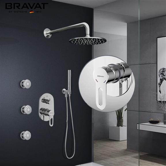 Bravat Wall Mounted Thermostatic Round Shower Set With Jetted Body Sprays and Handheld Shower in Chrome