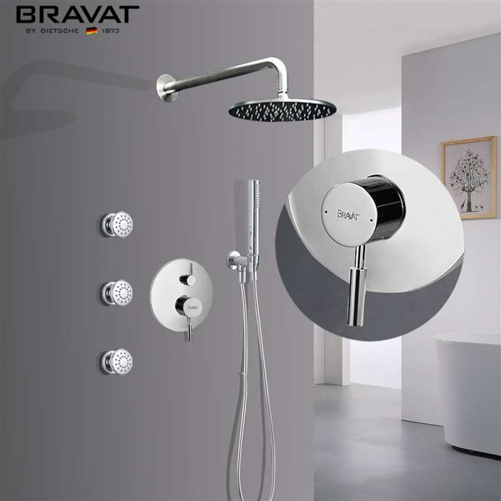 Bravat Chrome Thermostatic Luxury Wall Mounted Round Shower Set With Handheld Shower and 3 Body Jets