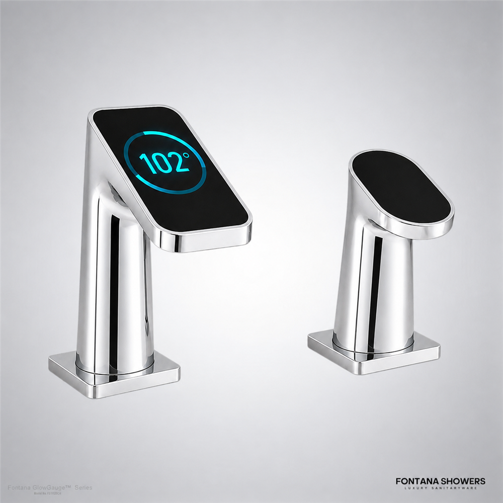 Polished chrome touchless faucet and soap dispenser with LED display