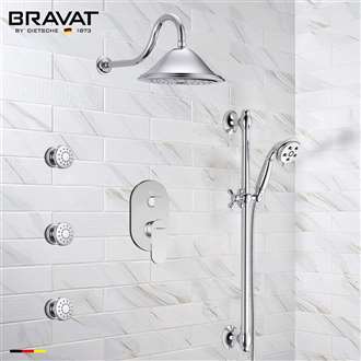 Bravat Wall Mounted Round Shower Set With Valve Mixer 3-Way Concealed And Three Body Jets In Chrome
