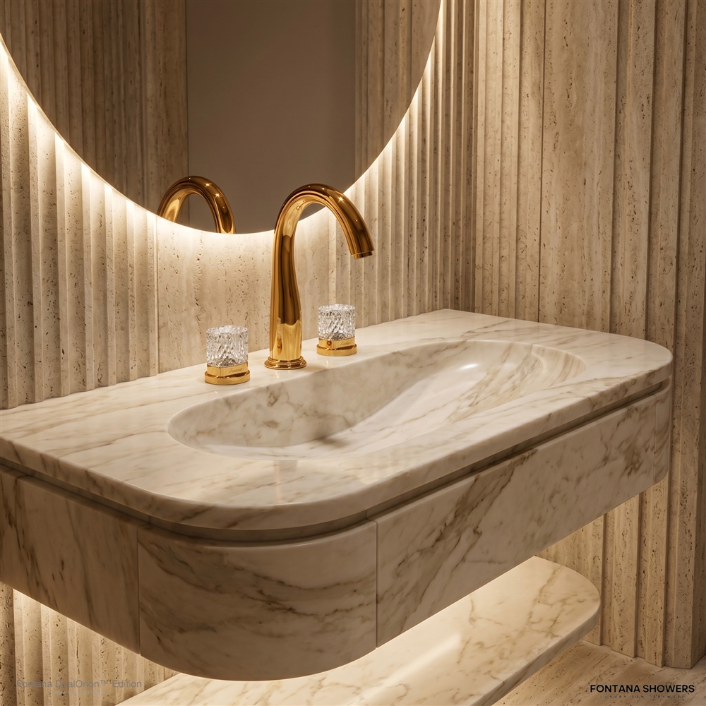 Fontana DualOrion gold thermostatic two handle bathroom faucet installed on a marble vanity