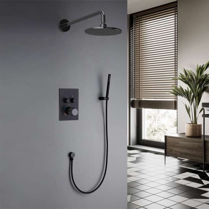 Fontana Venice Wall Mount Matte Black Round Shower System with Thermostatic Mixer and Handheld Shower