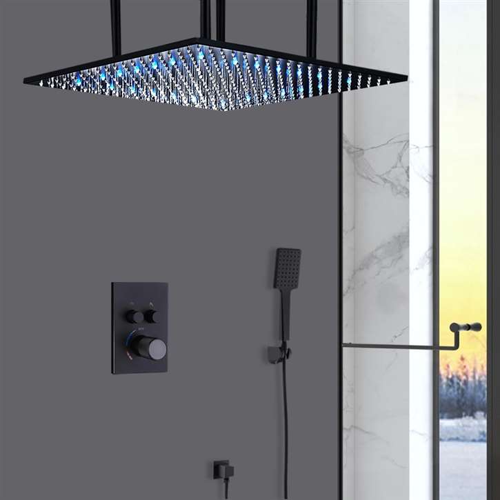 Fontana Feltre Ceiling Mount Matte Black Shower System with Thermostatic Mixer and Handheld Shower