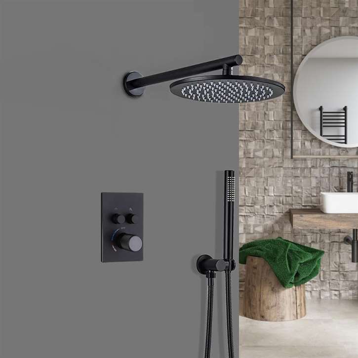 Fontana Pistoia Wall Mount Matte Black Round Shower System with Thermostatic Mixer and Round Handheld Shower