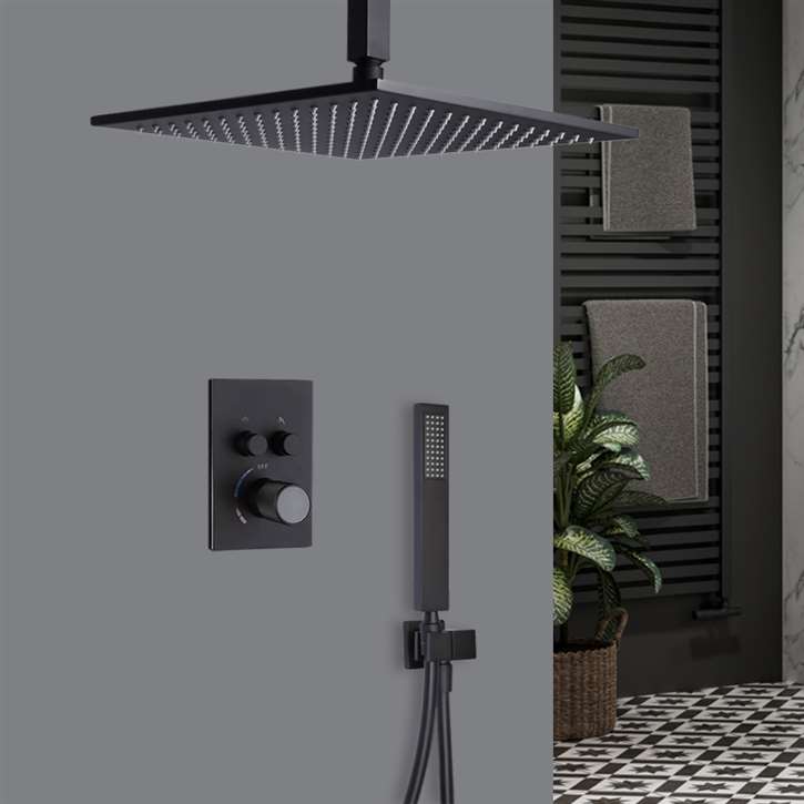 Fontana Massa Matte Black Ceiling Mount Square Shower System with Thermostatic Mixer and Square Handheld Shower