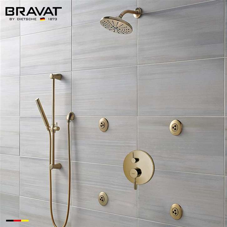 Bravat Brushed Gold Wall Mounted Round Shower Set With Valve Mixer 3-Way Concealed And Four Round Body Jets With Handheld Shower