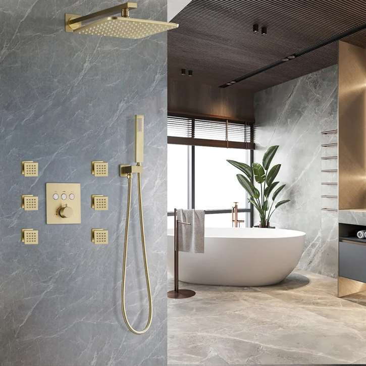 Creteil Brushed Gold Bathroom Thermostatic Button Shower System Set ...