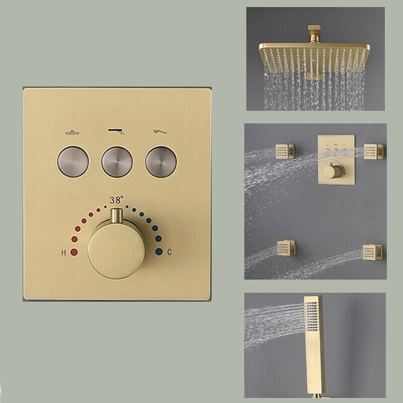 Creteil Brushed Gold Bathroom Thermostatic Button Shower System Set ...