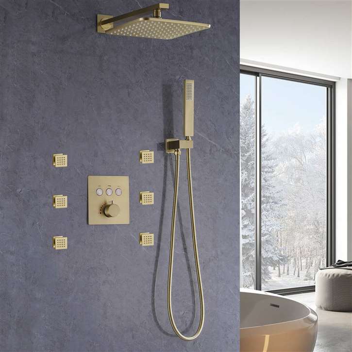Brushed Gold Bathroom Thermostatic Button Shower System Set