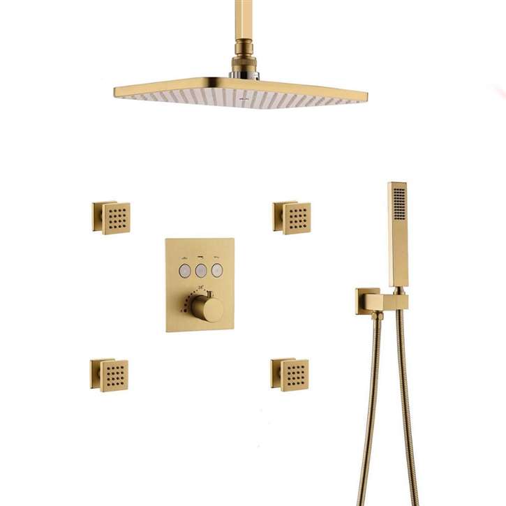 Fontana Lyon Thermostatic Brushed Gold Ceiling Mounted Rainfall Shower Head Set