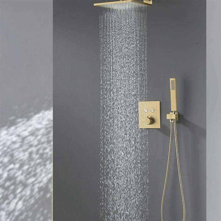 Fontana Chatou Thermostatic Button Brass Brushed Gold 10" Rainfall Shower System Set