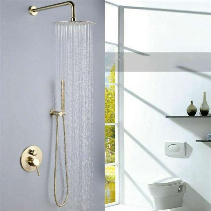 Fontana Lyon 10'' Rainfall Shower Head Mixer Faucet Brushed Gold Bathroom Shower Set