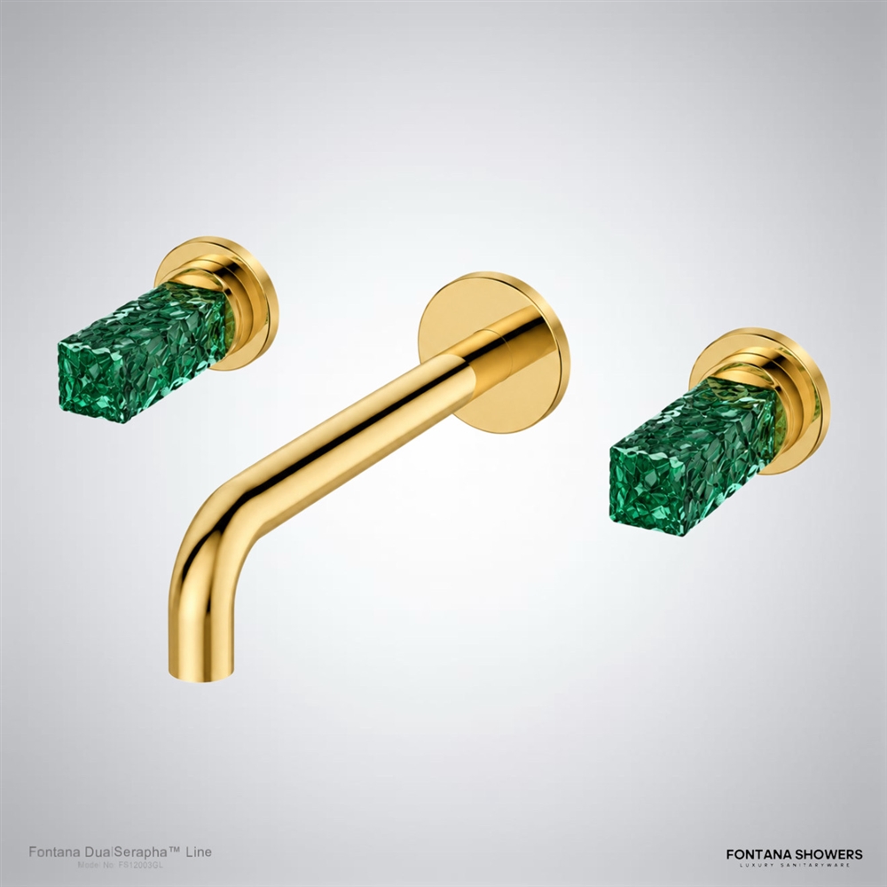 Gold wall faucet with green crystal handles