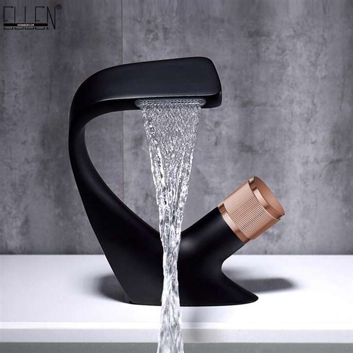 Fontana Geneva Wide Spread Waterfall Faucet Matte Black Finish with Bronze Faucet Handle