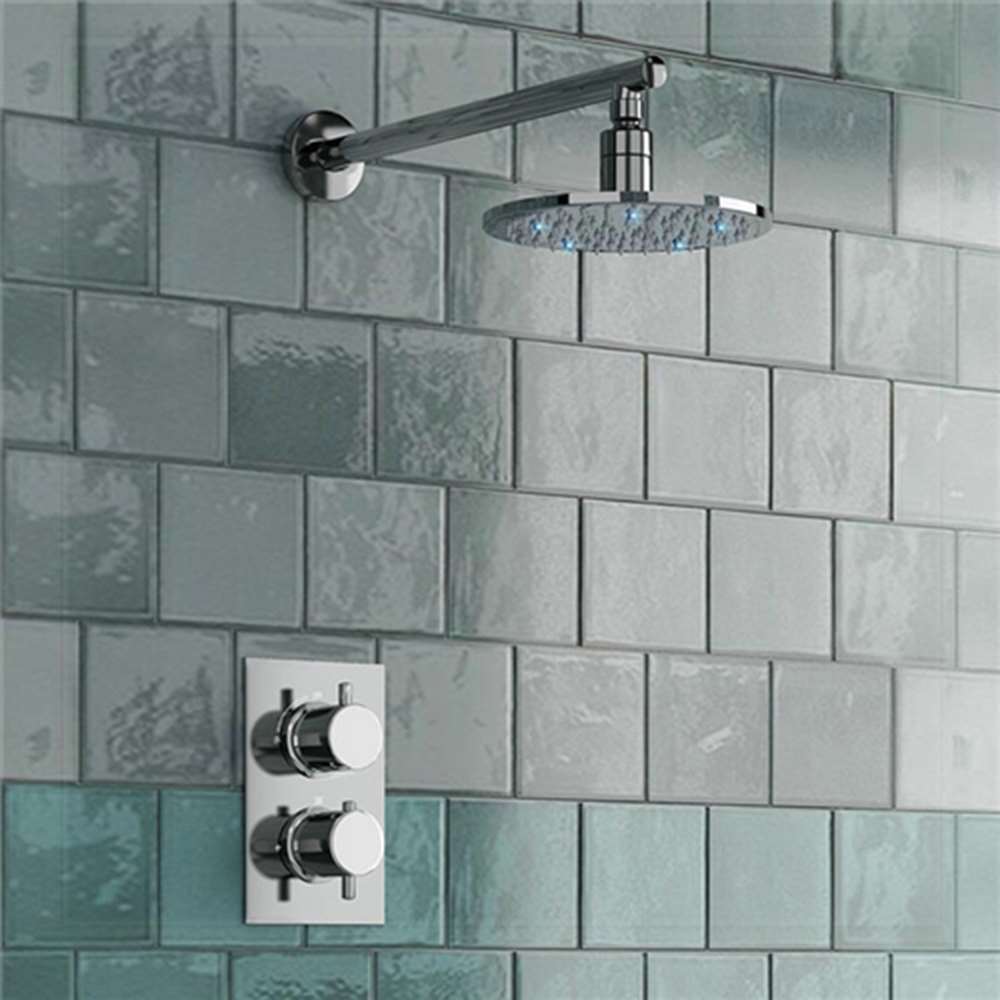 Round thermostatic shower mixer with optional LED lighting installation planning