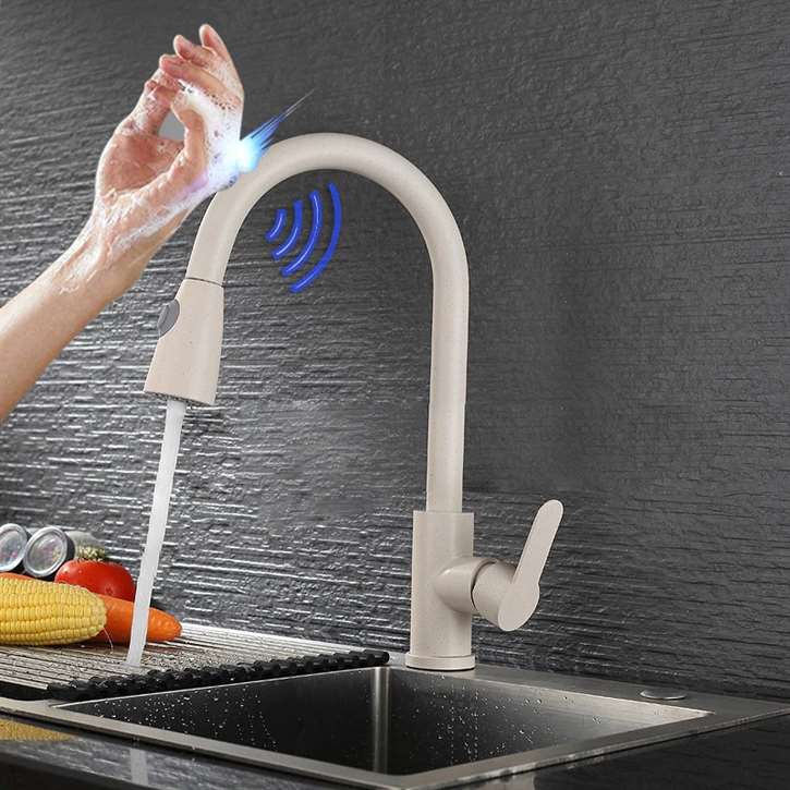Fontana Geneva Light Gray Smart Sensor Kitchen Faucet with Pull Down Sprayer