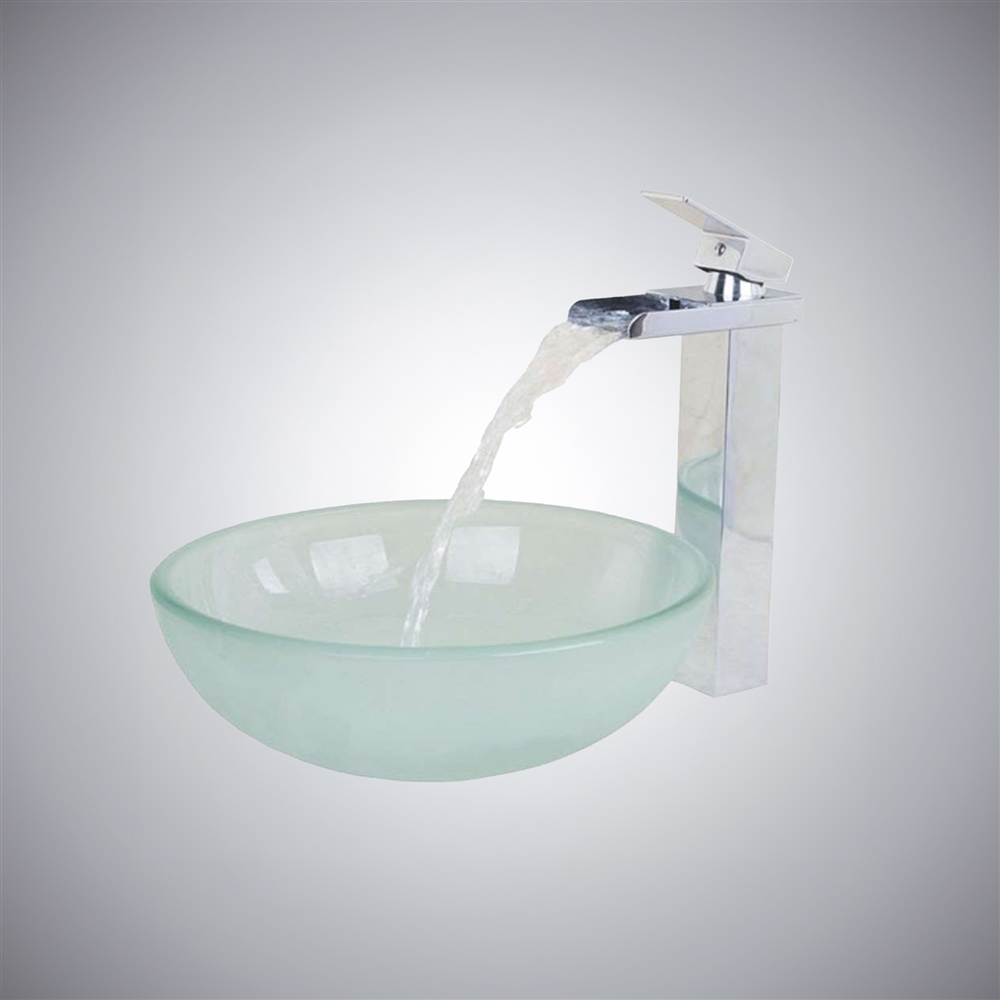Milan Round Bathroom Sink with Waterfall Faucet & Drainer