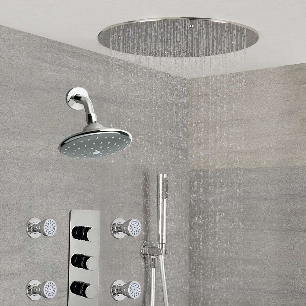 Fontana Dual Rain Shower Heads with Handshower 4 Jet Sprays Triple Handle Thermostatic Mixer actual product image