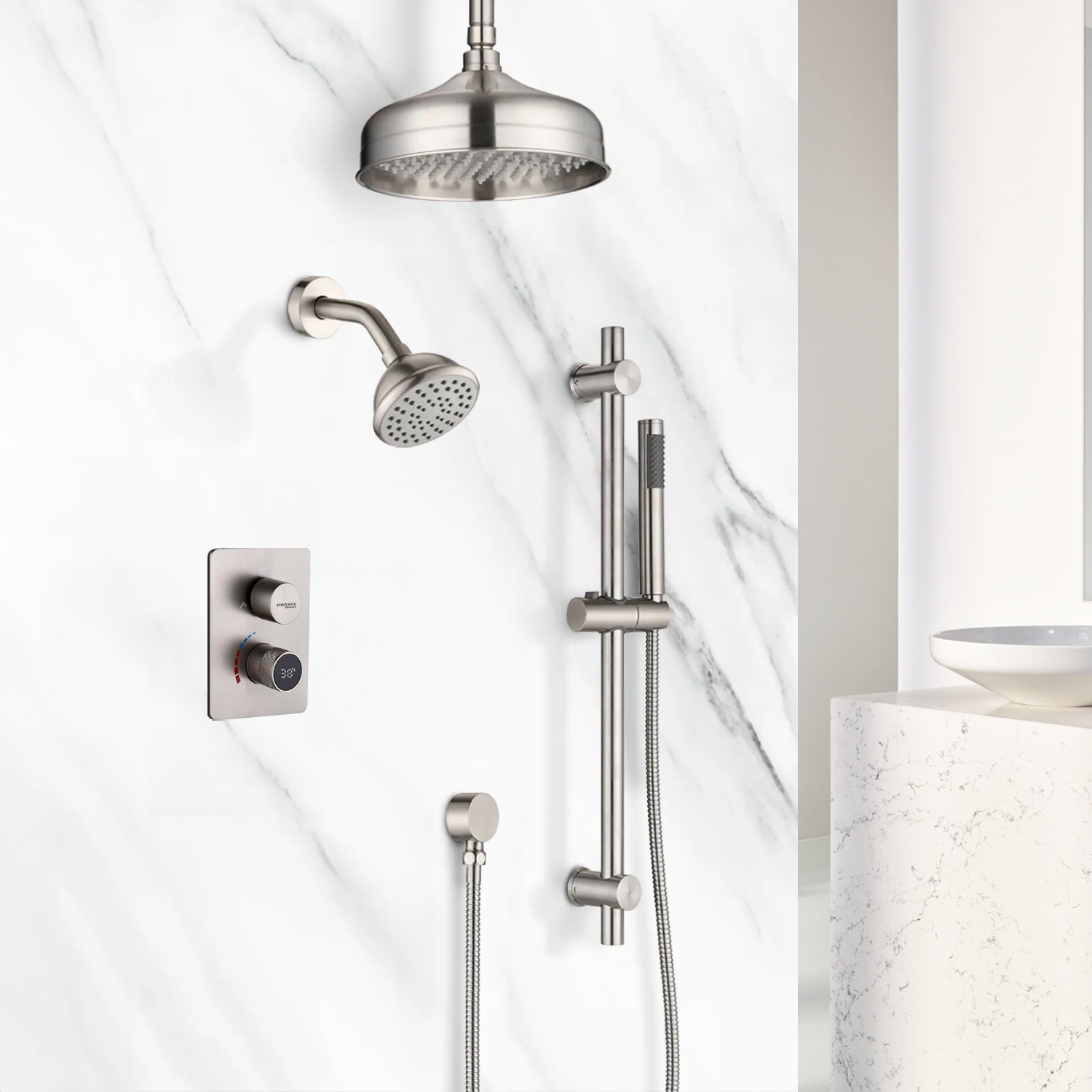 Fontana Brushed Nickel Dual Rain Shower System with Handshower Jet Spray