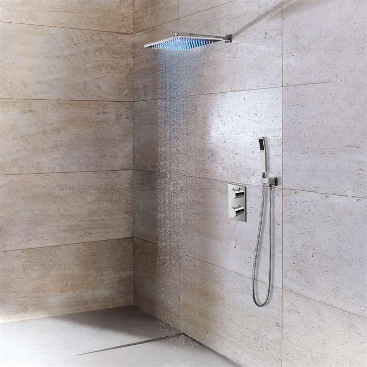 Brushed-nickel wall-mounted LED rainfall shower installation planning