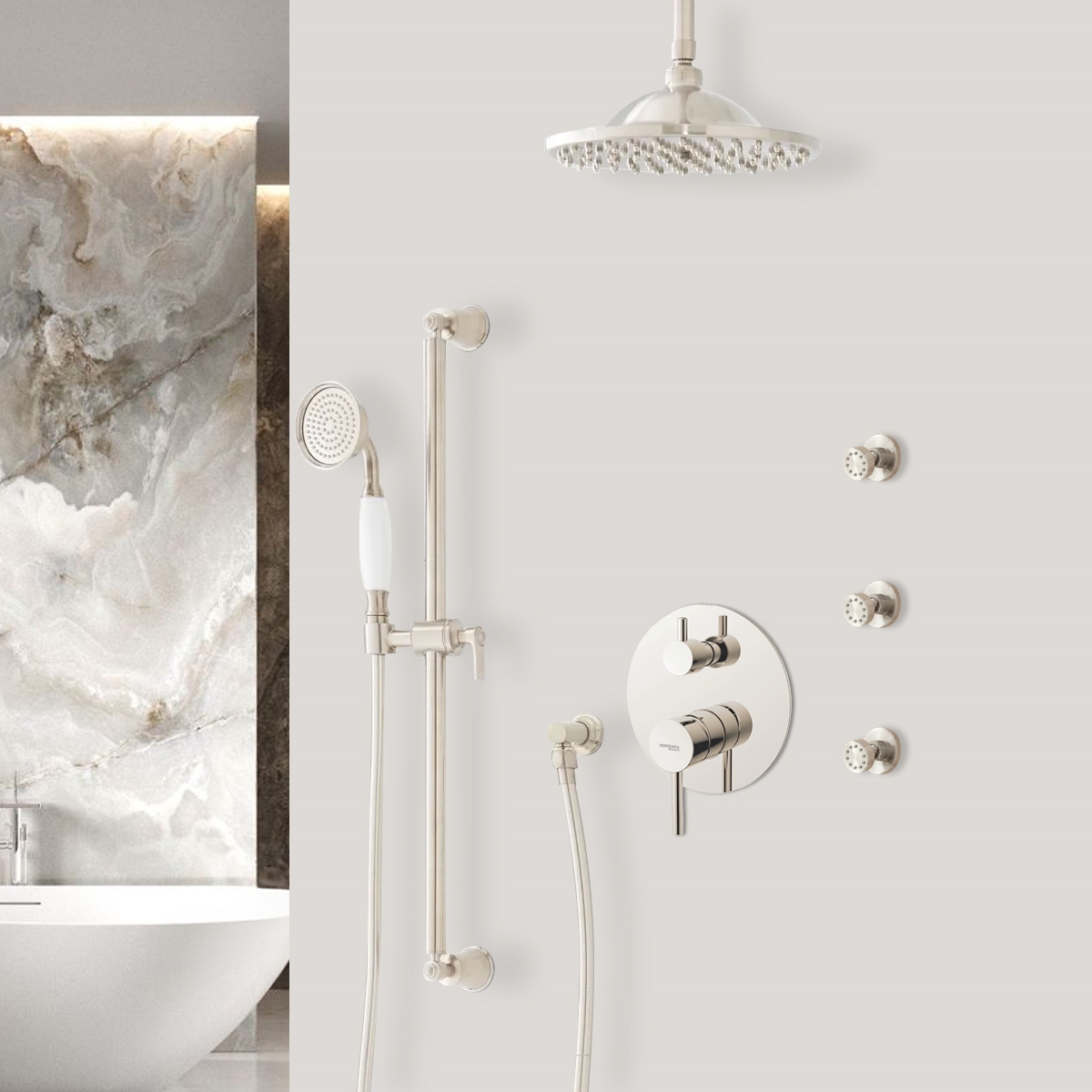 Fontana Brushed Nickel Deluxe Dual Rain Showerhead with Three Jet Sprays actual product image