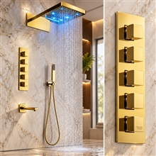 Modena Gold Plated Waterfall & Rainfall LED Showerhead Set in modern bathroom