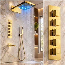 Modena Gold Plated Waterfall & Rainfall LED Showerhead Set in modern bathroom