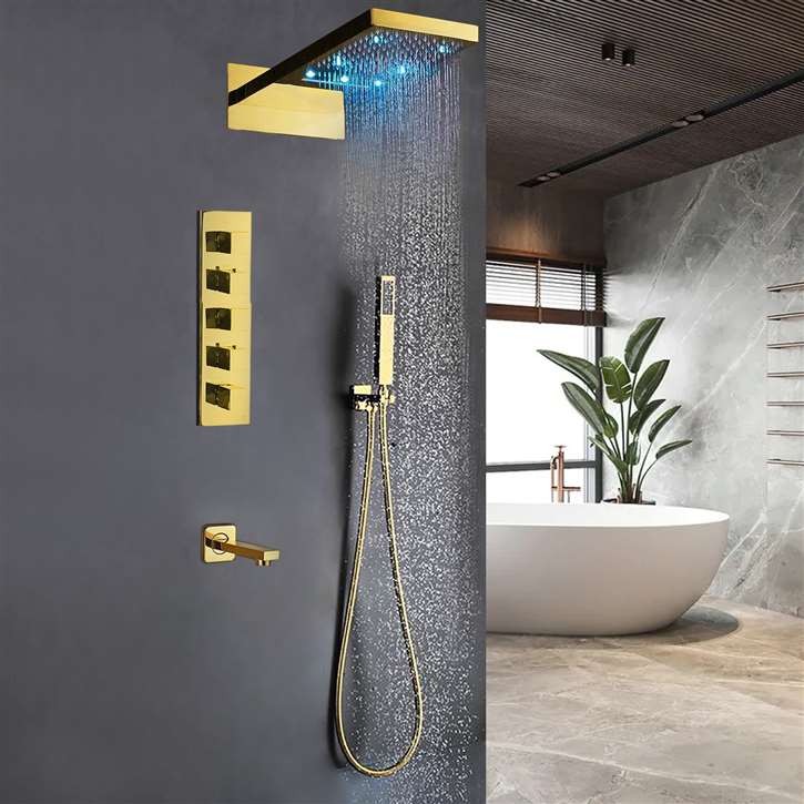 Fontana Modena gold LED rainfall and waterfall shower installation