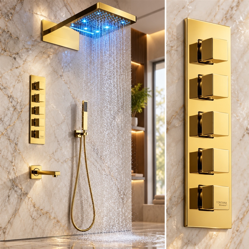 Modena Gold Plated Waterfall & Rainfall LED Showerhead Set in modern bathroom