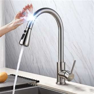 Brushed Nickel Pull Out Sensor Touch Kitchen Sink Faucet with Button For Two Way Flow