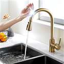 Sleek side profile of Chatou gold pull-out kitchen faucet with high