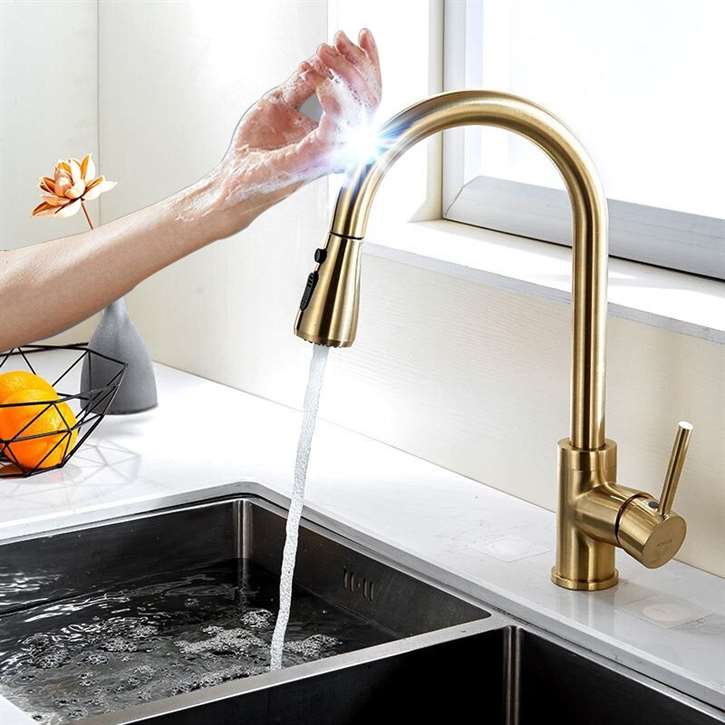 Sleek side profile of Chatou gold pull-out kitchen faucet with high