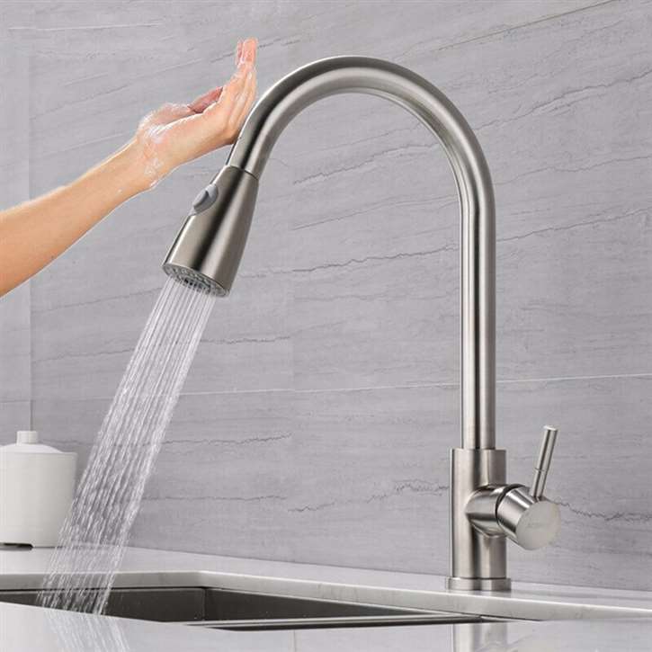 Fontana Melun Brushed Nickel Pull Out Sensor Touch Kitchen Sink Faucet with Button For Two Way Flow