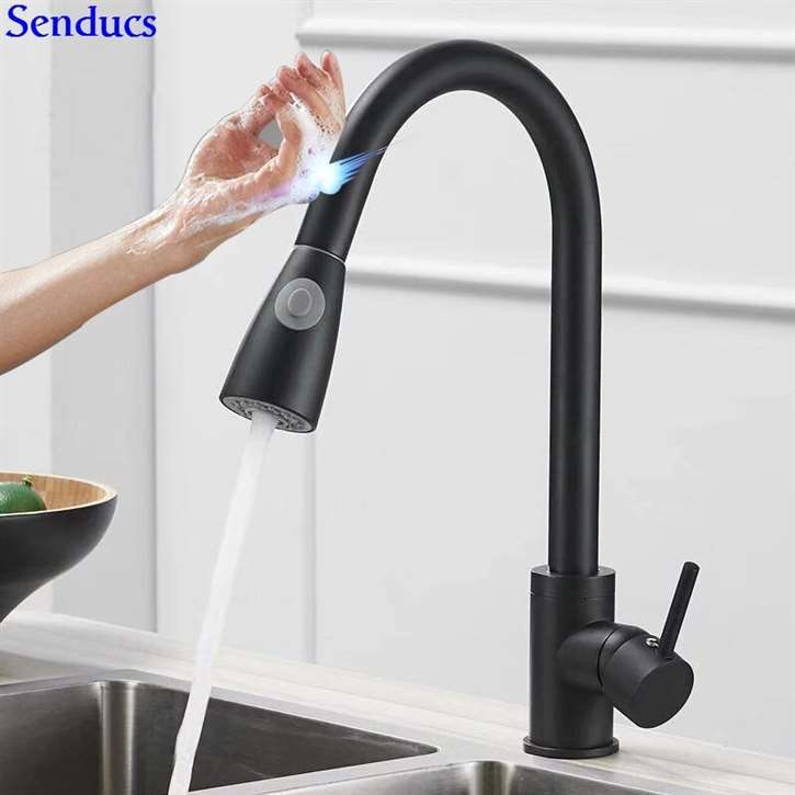 Fontana Marseille Matte Black Pull Out Sensor Touch Kitchen Sink Faucet with Button For Two Way Flow