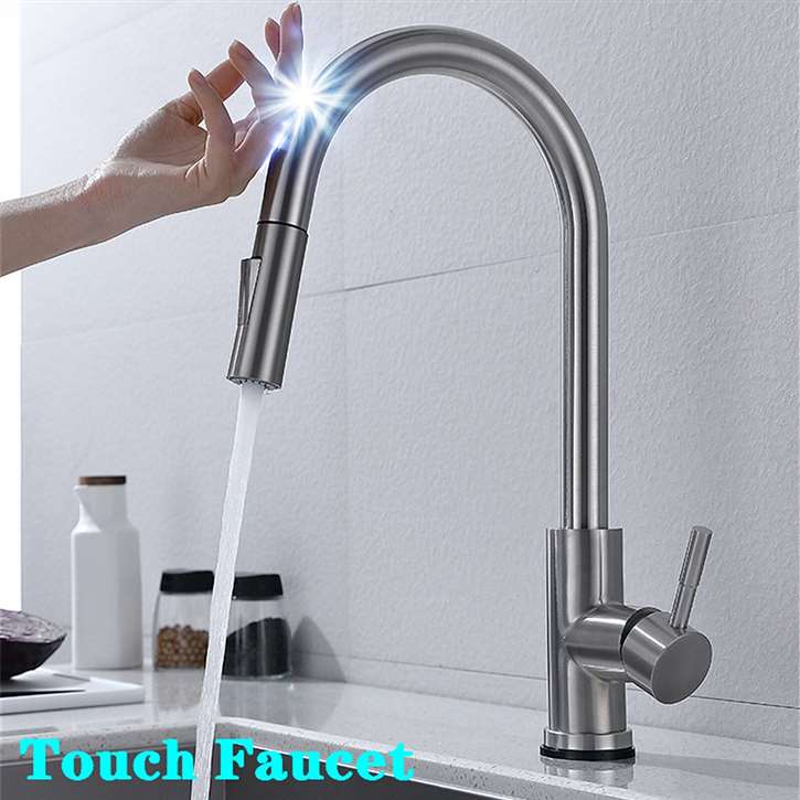 St. Gallen 360 Rotation Pull-Touch Kitchen Faucet - Brushed nickel finish with pull-out feature and 360-degree rotation.