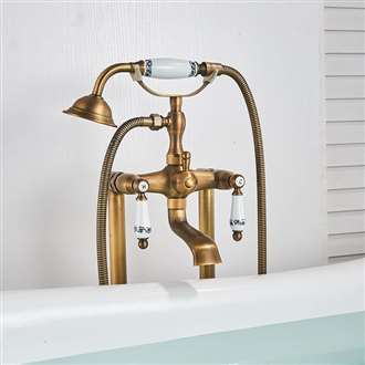 Fontana Le Havre Dual Handle Bathroom Freestanding Floor Mount Bathtub Faucet with Hand Shower and Tub Spout in Antique Brass