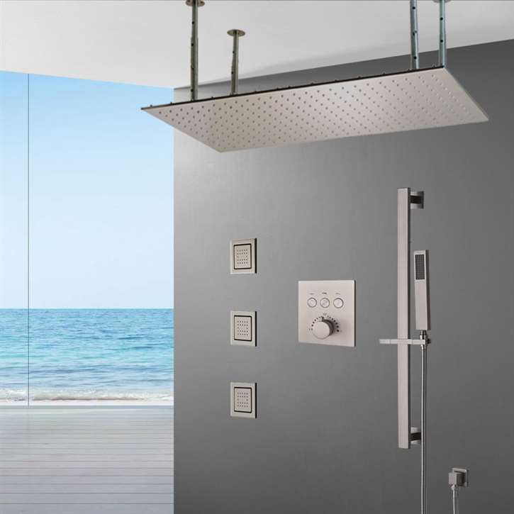 Fontana Monreale 20*40in Ceiling Mount Brushed Nickel Rainfall Shower System with Handheld Shower and 3 Jetted Body Sprays
