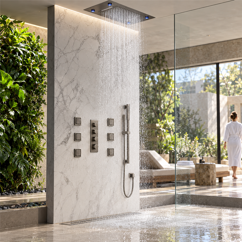 Fontana Fidenza 20*14" LED Matte Black Recessed Ceiling Mount Rainfall Waterfall Shower System with Handheld Shower and 6 Jetted Body Sprays