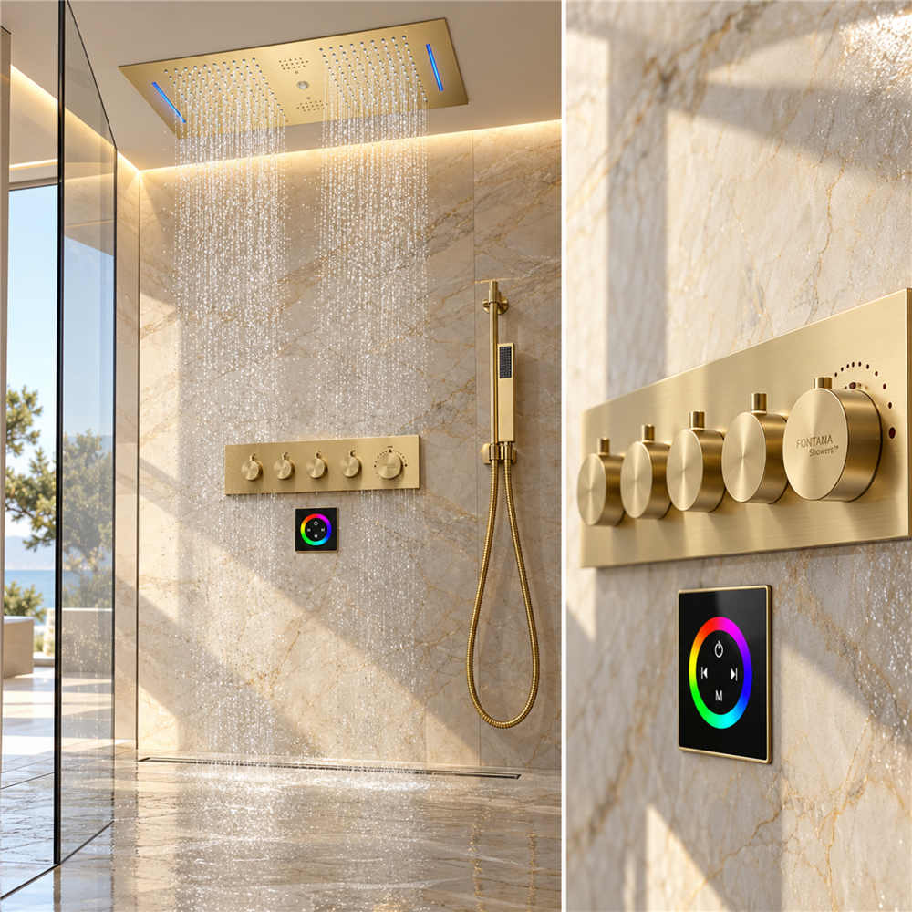 Genoa Thermostatic Touch Panel Controlled Recessed Ceiling Mount Rainfall Waterfall Shower System with Hand Shower