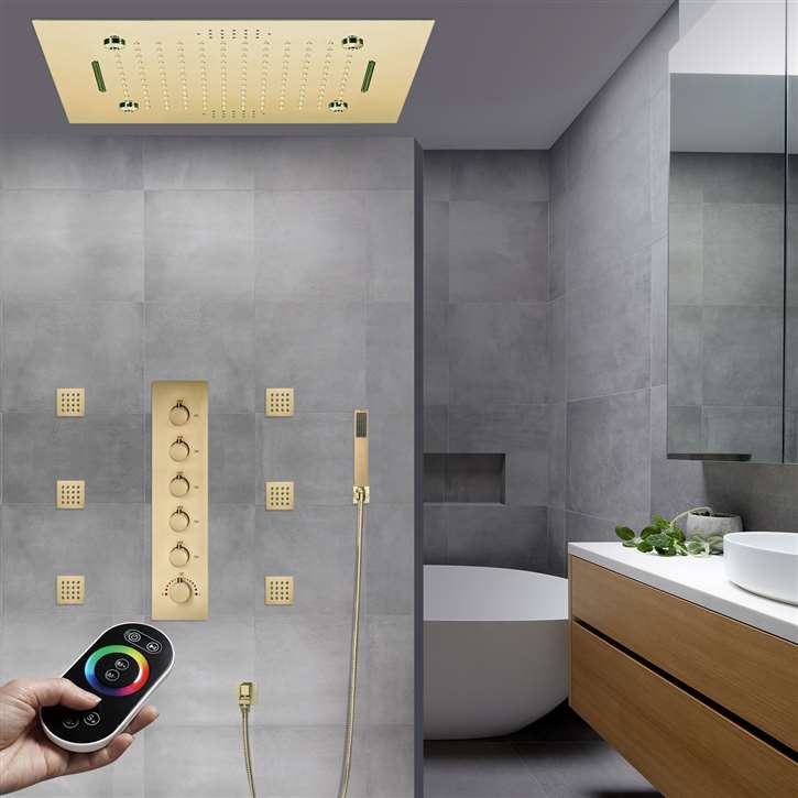 Brushed Gold Luxury Thermostatic Remote Controlled Waterfall Mist Rainfall LED Shower System with Body Jets and Hand Shower